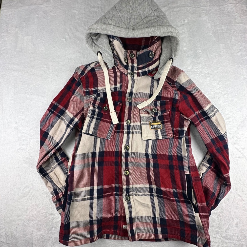 Superdry Mens XL The Huntsman Hoody Doublesawn Plaid Flannel Shirt Jacket Heavy